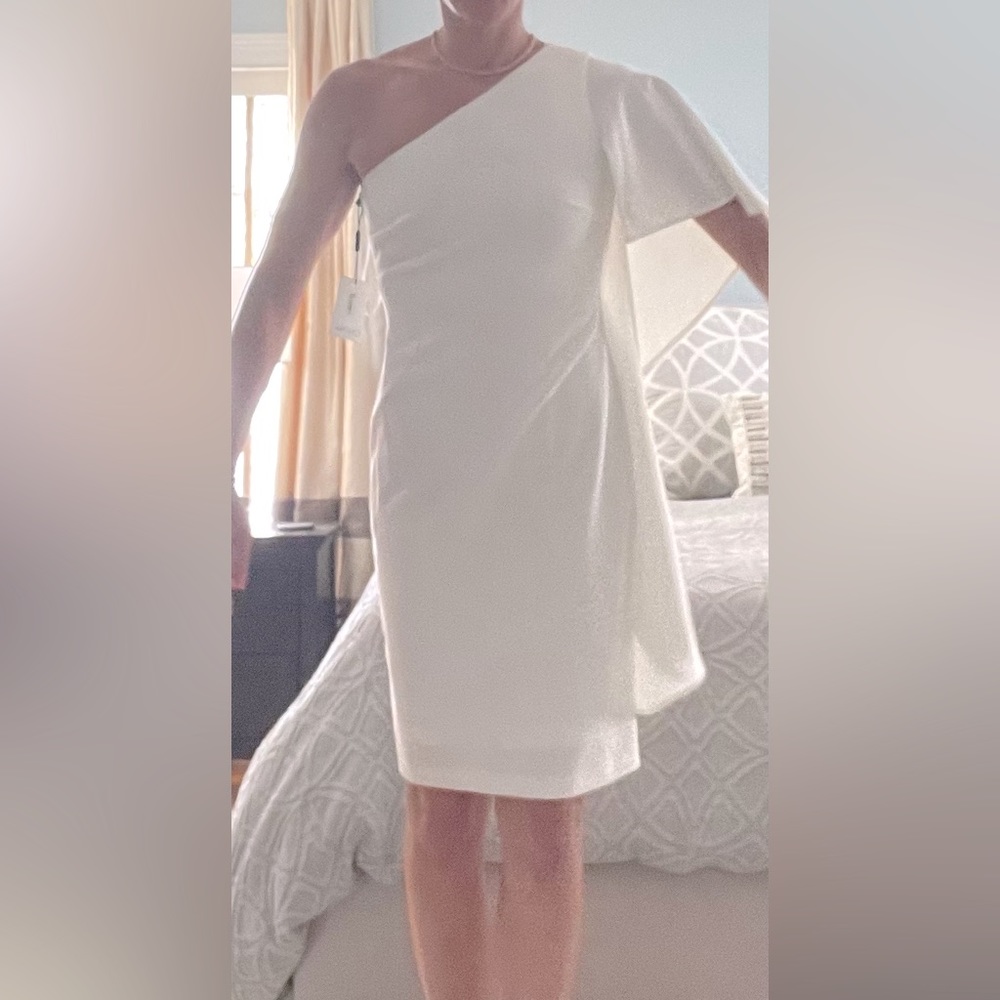 NWT! Stunning off white Calvin Klein one shoulder drape sleeve dress. size 2